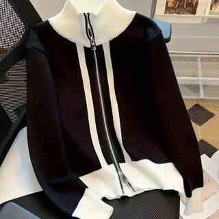 TEMU Dual-zipper Knit Cardigan For Women - Stylish Color With White Collar, Long Sleeves, And Half-zip Opening - Fall/