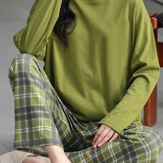 TEMU Women's Pajama Set, Green Round Neck Long-sleeve Top With Plaid Print And Elastic Waist Pants, Comfortable Casual Fit, Machine Washable, Essential For Autumn And Winter