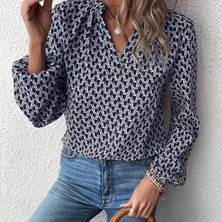 TEMU Women's Elegant V-neck Long Sleeve Blouse With Geometric Pattern - Shirt For Spring/summer/fall, Lightweight & Breathable Fabric, Perfect For Casual Attire