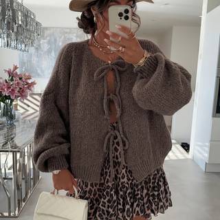 TEMU Women's Lightweight V-neck Cardigan With Lantern Sleeves - Chic Brown Sweater For Spring & Fall, Button-front Design, Casual Or Dressy Outfits, Lightweight Cardigan