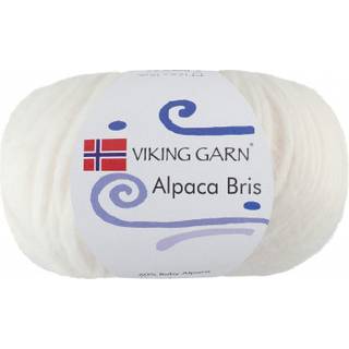 Viking Alpaca Bris 300 Hvid Indhold: 60% Baby alpaca, 29% nylon, 11% merinould Vægt/længde: 50 g = ca. 150 meter Anbefalede pinde: 6-7 mm Strikkefasthed: 10 x 10 cm = 12 m Vask: Håndvask / Max 30°C / Tørres fladt.
