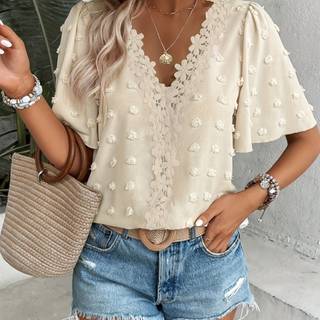 TEMU Swiss Dot Contrast Guipure Lace Sleeve Blouse