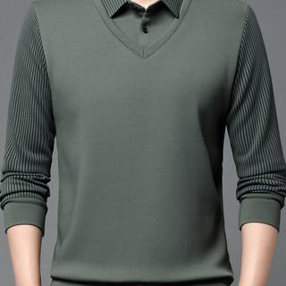 TEMU Men's Casual Long Sleeve Shirt - Polyester & Spandex Blend, Lapel Collar, Stretch Striped Fabric, Regular Half- Pullover For Spring/fall