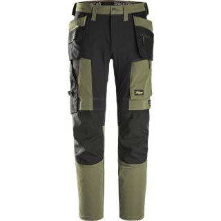 Snickers 6218 Bukser i stretch med hylsterlommer i khakigrøn/sort - Str. 116