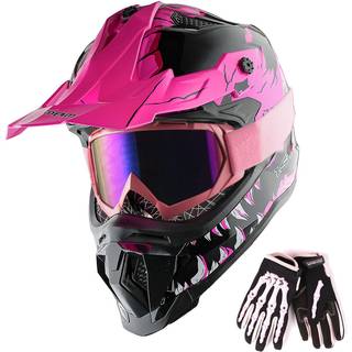 1Storm Voksen Motocross Hjelm ATV Dirt Bike BMX MX Downhill Mountain Hjelm Track Style JH601; Dinosaur Pink + Goggles + Skelet Pink Handske bundt