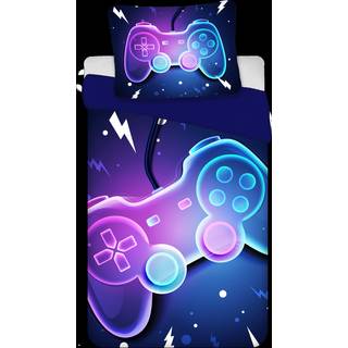 Gamer sengetøj 140x200 cm - Blåt vendbart sengesæt med controller - 100% blødt bomulds sengelinned