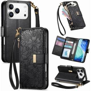 iPhone 17 Pro Pungetui med blomster- og bladmønster med lynlåslomme og håndledsrem - Sort