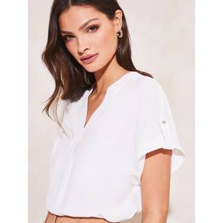 Lipsy Lipsy White Utility V-Neck Short Roll Sleeve Top
