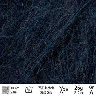 DROPS Kid-Silk 65 Mørk marineblå Indhold: 75% mohair, 25% silke Garngruppe: A (23 - 26 masker) / 2 ply / lace Vægt/længde: 25 gram = ca. 210 meter Anbefalede pinde: 3.50 mm Strikkefasthed: 10 x 10 cm = 23 m x 30 p Håndvask, max 30°C / Tørres fladt .