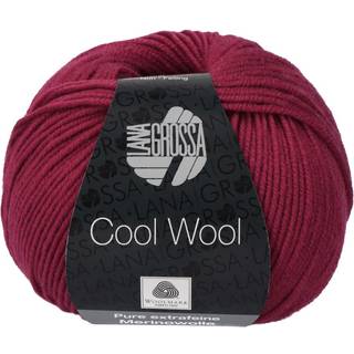 Lana Grossa Cool Wool 468 Vinrød Indhold:100% ren ny, ekstrafin merinould Vægt/Længde:50 g = ca. 160 meter Anbefalede pinde: 3.00-3.50 mm Strikkefasthed:10 x 10 cm = 24 m x 34 p Vask:Finvask 30º/ Tørres fladt.