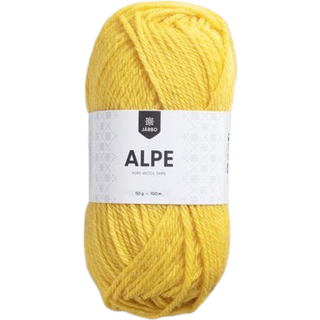 Järbo Alpe 36109 Vibrant yellow Materiale: 100% ren ny uld Vægt/længde: 50 g = ca. 100 meter Anbefalede pinde: 4.00 mm Strikkefasthed: 10x10 cm = 19 m x 27 p Vask: Vaskes i hånden.