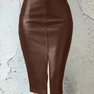 TEMU Women's High-end Casual Skirt, Solid Color, , Synthetic Leather, Polyester 90%, Spandex 10%, Non-textile Weave, Holiday Essential