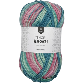 Järbo Tencel Raggi 100g 25013 Summer fruit Indhold: 75% uld, 25% tencel Vægt/længde: 100 g = ca. 266 meter Anbefalede pinde: 3.00 mm Strikkefasthed: 10 x 10 cm = 25 m x 33 p Vask: Håndvask / Tørres fladt.