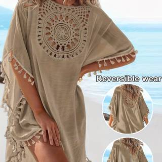 TEMU Women's Reversible Beach Cover-up - Design With Fringe Hem, Lightweight Non-stretch Fabric For Poolside, Vacation, Poolside Attire, Vacation Outfit, , Flowy Fabric, Summer Wardrobe