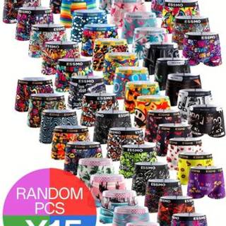 TEMU 15pcs Men's Boxer Briefs - Vibrant Geometric Print, Medium Stretch, Breathable, Fit Underwear For Casual Attire, Boxer Shorts, Comfortable Underwear, Modern Underwear, Durable Construction