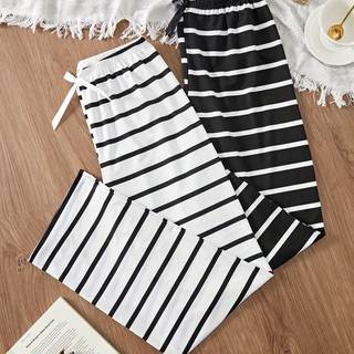 TEMU 2pcs Black & White Striped Pajama Pants - Elastic Waist Sleepwear With Bow Tie Closure, Soft Lounge Pants, Machine Washable Pajamas (no Sheer Panels) - Comfortable Nightgowns For S