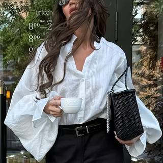 TEMU Women's Elegant Loose-fit Long Sleeve Blouse With Lantern Sleeves & Stand Collar - Button-up Shirt, White, Spring/summer/fall, Casual To Formal Wear, Ladies Blouses