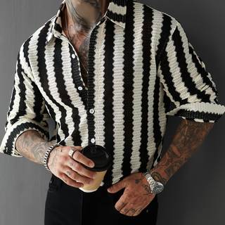 TEMU Men's Loose Fit Striped Long Sleeve Shirt - & , Button-up Collar, Casual & Formal Wear, Versatile For Casual Attire