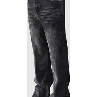 TEMU Men's Slim- Business Casual Jeans - Versatile Washed Denim With Frayed Hem & Cuffs, Button Closure, , Solid Black, Versatile Fashion|slim Fit Jeans|washed Denim Jeans
