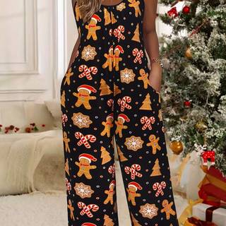 TEMU Women's Christmas Print Jumpsuit With Pockets - Casual Polyester Spandex Knit Fabric, Crew Neck, Sleeveless Wide-leg Slingback