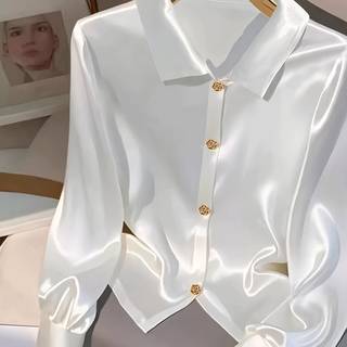 TEMU Women's Elegant Solid Color White Satin Blouse With Golden Button Details - Long Sleeve, Large Lapel Collar, Non-sheer, Machine Washable, Casual Wear, Ladies Blouses