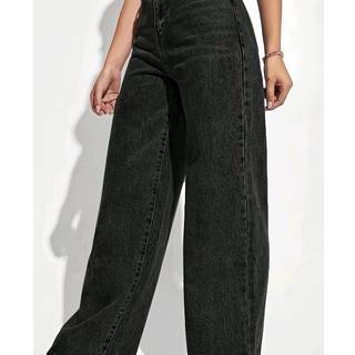 TEMU Elegant Black Straight Leg Jeans For Women - Solid Color, Washed Detail, Medium Stretch Fabric