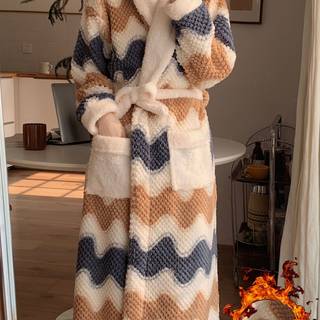 TEMU Women's Winter Plush Robe - Thick Long Sleeve Collar Bathrobe With Belt, Beige/brown/white/black/blue/grey Striped Robe For Home Spa, Bed To Door Robe, Machine Washable Luxury Housecoat