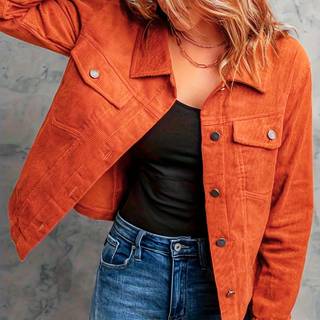 TEMU Corduroy Button Front Flap Pockets Jacket, Casual Long Sleeve Jacket For Spring & Fall, Women's Clothing