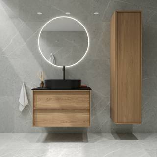 Badrumspaket Ekskär Ek 80 cm med Cosentino Svart Bänkskiva, Högskåp, Spegel, Handfat, Tvättställsblandare & Bottenventil