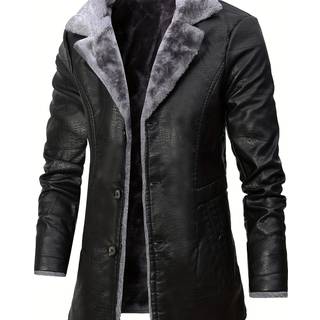TEMU Men' Color Versatile Fleece-lined Warm Coat, Fashionable Turn- Collar Long Jacket