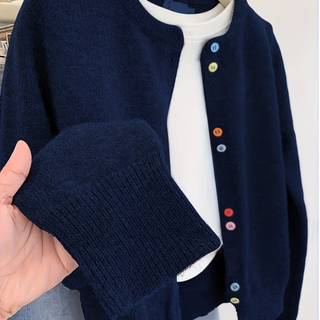 TEMU Women's Elegant Cardigan - -front Sweater With Classic Collar, Navy Solid Color, Long Sleeve Casual To Formal Outfits For Spring/fall