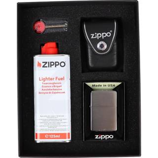 Zippo ZIPPO brushed chrome lighter in set w. ZIPPO leather pouch black w. loop