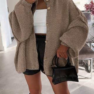 TEMU Elegant Beige Cardigan For Women - Chic High Neck, Loose Fit, Long Sleeve With Button Details, Fall & Winter, Stylish Outerwear | Chic Cardigan | Texture