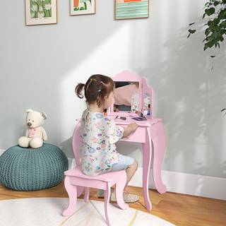HOMCOM Kids Vanity Table and Chair Set with Tri-Folding Mirror and Stool, Makeup Dressing Table with Drawer, Pink