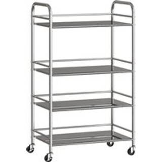 HOMCOM 4 Tier Stainless Steel Kitchen Storage Trolley with Adjustable Shelves - Silver