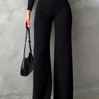 TEMU Elegant Straight-leg Pants With V-waist ( Button Closure) - Beltless Design, Built-in Zipper Trousers For Office, & - Solid Color Long Length Regular Fit (spring/autumn) - Machine Washable Non-