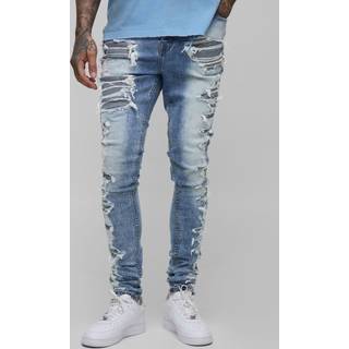 Mens Stonewash Tall Stacked Skinny Extreme Rip & Repair Skinny Jeans