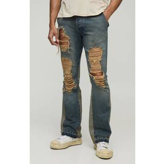 Mens Light Wash Rigid Slim Flared Ripped Detail Washed Jeans