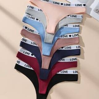 TEMU 7pcs Women's Low-rise Thong Panties - Soft Breathable Underwear With "love" Lettering, Comfortable & Stylish, Solid Color, Perfect For Casual Attire