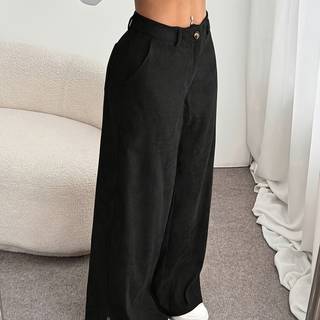 TEMU Elegant Women's Corduroy Wide Leg Pants | Solid Color, Comfortable Long Length, Fall/winter Season, Regular Fit, Side Slit, Non-belted