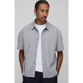 Mens Light Grey Oversized Concealed Placket Crinkle Short Sleeve Shirt