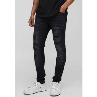 Mens Washed Black Skinny Fit Rhinestone Washed Rip & Repair Jeans