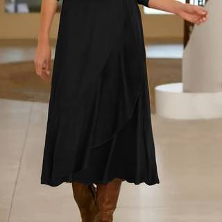 TEMU 1pc Elegant Asymmetrical Pleated Hem Midi Skirt For Women - Polyester A-line Solid Color Skirt, Woven Weave, Fashion