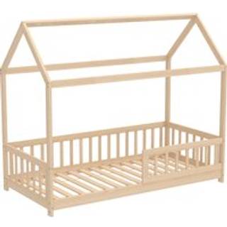 HOMCOM House-Shaped Kids Bed Frame with Guard Rails, Solid Pine Wood Single Bed Frame for Kids Boys and Girls, Natural