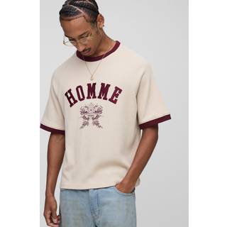 Boxy Fit Homme Embroidered Raglan Ringer Waffle T-Shirt | Stone | Size XS