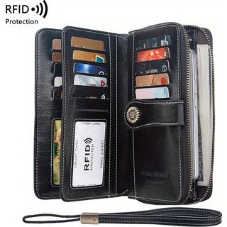 TEMU Rfid Large Capacity Long Wallet Solid Color Multi-card Women's Purse Zipper Wallet With Wrist Strap