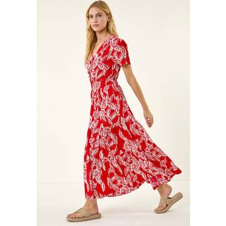 Roman Roman Red Leaf Print Shirred Maxi Dress - EU 46 (UK 18)