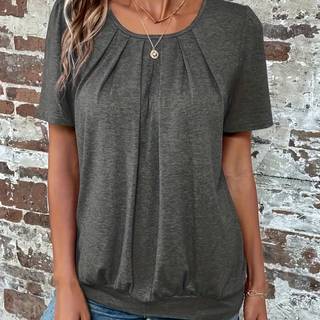 TEMU European And American Round Neck Solid Color Pleated Short Sleeve Fashion Versatile Loose Top