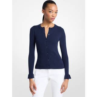 MK Ribbed Wool Blend Ruffle-Cuff Cardigan - Blue - Michael Kors