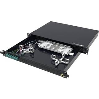 Fiberskuffe Multimode OM4 udtræksbar 1HE sort fuldbestykket med 6 LC Duplex adapter aqua 12 x LC Pig